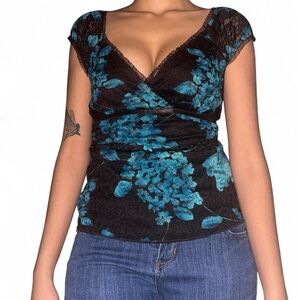 Studio Y Black and Blue Floral Blouse